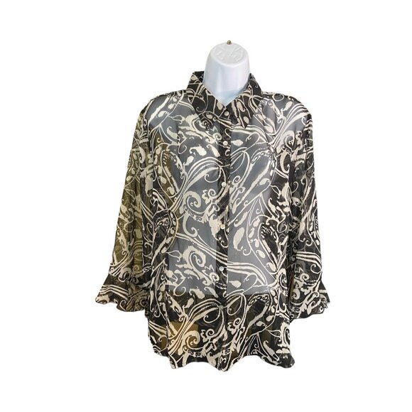 Ncola Womens Blouse XL Sheer Black White Swirl Pattern Button-Up Grannycore - Picture 2 of 9